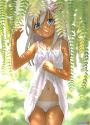 1girl alternate_costume bare_arms bare_shoulders blush bow breasts clothes_lift collarbone commentary_request cowboy_shot dappled_sunlight day dress dress_lift gluteal_fold hair_bow hair_ornament highres kantai_collection leaf lifted_by_self long_hair looking_at_viewer mu-pyon navel one-piece_tan open_mouth outdoors panties ro-500_(kancolle) shadow small_breasts smile solo sundress sunlight tan tanline twitter_username underwear white_dress white_panties rating:Sensitive score:92 user:danbooru