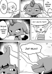  1boy 1girl absurdres comic crossover depresso english_text guu_(jungle_wa_itsumo) highres interspecies jungle_wa_itsumo_hare_nochi_guu loli monochrome multiple_views outdoors palworld pussy sequential speech_bubble tagme unbirthing vaginal vore 