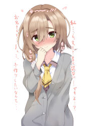  1girl 3: absurdres blush bright_pupils brown_hair cardigan clenched_hand closed_mouth collared_shirt commentary_request embarrassed eyelashes eyes_visible_through_hair fidgeting full-face_blush green_eyes grey_cardigan hair_between_eyes hair_intakes hand_up heart highres long_hair long_sleeves looking_at_viewer mikuni_sairi necktie nose_blush purunyara raised_eyebrows school_uniform shirt short_necktie simple_background solo sound_effects split_mouth sweatdrop tenshi_souzou_re-boot! thick_eyebrows translation_request tsurime upper_body white_background white_shirt yellow_necktie 