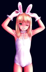  1girl blonde_hair blush breasts cameltoe female_focus flat_chest green_eyes highres leotard loli looking_at_viewer one_eye_closed original popopon rabbit_ears simple_background small_breasts solo tagme upper_body wink  rating:Questionable score:97 user:Anthologia_Valduriana