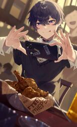  1boy absurdres bishounen black_hair blurry blurry_background collar collared_shirt commentary earrings food fried_chicken hair_between_eyes highres indie_virtual_youtuber indoors jewelry licking_lips light_particles long_sleeves looking_at_viewer male_focus perspective puring_0207 purple_eyes purple_hair restaurant shirt short_hair shoto_(vtuber) sitting smile solo_focus sweater_vest symbol-only_commentary taking_picture tongue tongue_out virtual_youtuber  rating:General score:1 user:danbooru