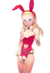 1girl :d animal_ears anlucea bangs_pinned_back bar_censor bare_arms bare_legs bare_shoulders belt blonde_hair blue_eyes blush censored clothing_cutout collarbone cowboy_shot crotchless double_bun dragon_quest dragon_quest_x fake_animal_ears flat_chest forehead full-face_blush hair_bun hairband heart_cutout highres leotard long_hair looking_at_viewer mole mole_under_mouth navel navel_cutout nipples open_mouth pink_hairband pink_leotard playboy_bunny ponytail pussy smile solo square_enix standing strapless strapless_leotard supurai sweat tareme thigh_gap wrist_cuffs rating:Explicit score:72 user:danbooru