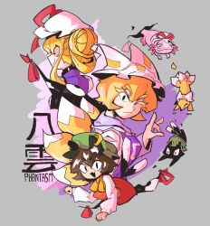 3girls animal_ears black_collar black_ears blonde_hair breasts brown_eyes brown_hair cat_ears cat_tail chen chen_(cat) collar dress earrings fox_shadow_puppet fox_tail gap_(touhou) grey_background hair_up hat hat_ribbon jewelry kappamin long_hair long_sleeves looking_at_viewer mob_cap multiple_girls multiple_tails one_eye_closed perfect_cherry_blossom ribbon short_hair simple_background single_earring tail touhou yakumo_ran yakumo_ran_(fox) yakumo_yukari yakumo_yukari_(axolotl)