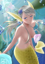  1girl animal blue_eyes blush breasts bubble closed_mouth convenient_censoring floating_hair hair_censor highres jellyfish light_blush light_rays long_hair looking_at_viewer medium_breasts mermaid monster_girl nude ocean original scales silver_hair solo_focus sparkle tsukimizakura underwater water 