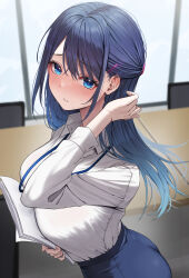  1girl absurdres blue_eyes blue_hair blue_skirt breasts collared_shirt commentary_request from_side hair_ornament hairclip highres holding holding_paper indoors large_breasts long_hair long_sleeves looking_at_viewer office_lady original paper parted_lips shirt shirt_tucked_in skirt solo udon_(udonalium) 