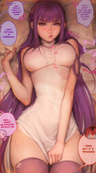  1girl adapted_costume bed_sheet blush breasts commentary dress dress_tug english_commentary fern_(sousou_no_frieren) frieren heart highres kittew large_breasts lips long_hair looking_at_viewer love_potion lying multiple_girls on_back paid_reward_available pillow pout purple_eyes purple_hair sleeveless sleeveless_dress solo sousou_no_frieren speech_bubble spoken_character stark_(sousou_no_frieren) suggestive_fluid sweat thighhighs torn_clothes torn_thighhighs v-shaped_eyebrows very_long_hair white_dress 