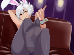 animal_ears armpits carrot clip_studio_paint_(medium) commentary commentary_request couch feet foot_focus league_of_legends looking_at_viewer no_shoes orange_eyes pantyhose phb rabbit_ears riven_(league_of_legends) short_hair sitting smile soles solo toes white_hair white_wrist_cuffs wrist_cuffs rating:Sensitive score:42 user:danbooru