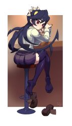 1girl ass bar_stool black_hair breasts brown_footwear commission cup difman drinking_glass feet filia_(skullgirls) hair_between_eyes highres holding holding_cup legs loafers long_hair long_sleeves looking_at_viewer looking_to_the_side medium_breasts no_shoes parted_lips pleated_skirt purple_skirt purple_thighhighs red_eyes shirt shoes unworn_shoes signature sitting skirt skullgirls soles solo stool thick_eyebrows thighhighs toes very_long_hair white_shirt rating:Sensitive score:37 user:danbooru