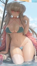  1girl absurdres aqua_bikini azur_lane bare_shoulders beach_umbrella bikini blue_sky blush braid braided_bun breasts bright_pupils choker cleavage collarbone criss-cross_halter double_bun feather_boa formidable_(azur_lane) formidable_(the_lady_of_the_beach)_(azur_lane) free_style_(yohan1754) hair_bun halterneck highres large_breasts long_hair looking_at_viewer multi-strapped_bikini_bottom multi-strapped_bikini_top navel official_alternate_costume parted_lips red_eyes sky solo swimsuit thighhighs thighs umbrella very_long_hair wading white_thighhighs  rating:Questionable score:184 user:danbooru