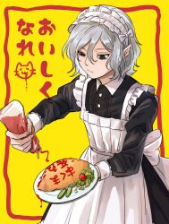  1boy absurdres androgynous apron bags_under_eyes black_dress black_eyes bow crossdressing dress dungeon_meshi elf food food_writing frilled_apron frills grey_hair highres holding holding_plate ketchup ketchup_bottle lazy_eye maid maid_apron maid_headdress male_focus mithrun notched_ear omelet omurice plate pointy_ears puffy_sleeves short_hair solo translated uneven_eyes white_apron zo_na 