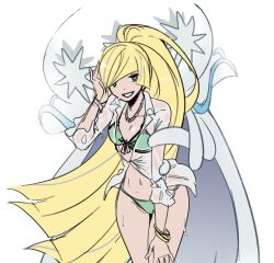  1girl bare_legs bikini blonde_hair breasts commentary creatures_(company) english_commentary front-tie_bikini_top front-tie_top game_freak gen_7_pokemon gold_bracelet green_bikini green_eyes hair_over_one_eye hand_in_own_hair hand_on_own_leg highres jewelry long_hair looking_at_viewer lusamine_(pokemon) midriff multiple_bracelets navel necklace nihilego nintendo pokemon pokemon_(creature) pokemon_sm ponytail shirt sketch small_breasts smile swimsuit thong thong_bikini ultra_beast very_long_hair wanderjegson wet wet_clothes wet_shirt wet_swimsuit white_background white_shirt  rating:Sensitive score:12 user:danbooru