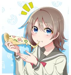  1girl bell_pepper bell_pepper_slice blue_eyes blush border bow bowtie brown_hair cheese_trail commentary_request eating food food_in_mouth gradient_background grey_sailor_collar grey_shirt hair_between_eyes hands_up highres holding holding_food holding_pizza light_blue_background long_sleeves looking_at_viewer love_live! love_live!_sunshine!! medium_hair notice_lines olive outside_border pepper pepperoni pizza pizza_background red_bow red_bowtie sailor_collar school_uniform serafuku shadow shirt solo swept_bangs tetetsu_(yuns4877) upper_body uranohoshi_school_uniform watanabe_you white_background white_border winter_uniform 