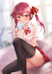 1girl black_thighhighs bra bra_visible_through_clothes breasts cleavage collared_shirt commentary commentary_request curtains dress_shirt hair_ribbon heterochromia hololive houshou_marine lace lace_bra large_breasts leg_up long_hair looking_at_viewer nikoo partially_unbuttoned pleated_skirt red_bra red_eyes red_hair red_skirt ribbon school_uniform shirt sitting skirt solo thighhighs thighs tongue tongue_out twintails underwear virtual_youtuber wet wet_clothes white_shirt yellow_eyes rating:Sensitive score:30 user:danbooru