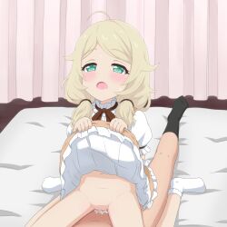  1boy 1girl bed_sheet black_socks blonde_hair blush bottomless clothed_female_nude_male clothes_lift cum cum_in_pussy dot_nose dress dress_lift girl_on_top green_eyes hetero idolmaster idolmaster_cinderella_girls indoors itausagi lifted_by_self loli low_twintails navel no_panties no_pants nude on_bed open_mouth penis pussy sex socks solo_focus twintails vaginal white_socks yusa_kozue  rating:Explicit score:122 user:justthistime