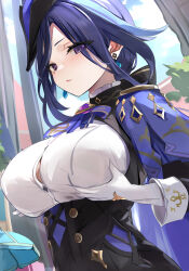  1girl ascot black_corset blue_cape blue_hair breast_lift breasts button_gap cape clorinde_(genshin_impact) commentary_request corset dark_blue_hair drop_earrings earrings epaulettes fold-over_gloves framed_breasts genshin_impact gloves grabbing_own_breast hat highres jewelry large_breasts lifted_by_self long_hair looking_at_viewer multicolored_hair object_on_breast outdoors purple_ascot purple_eyes shirt solo streaked_hair tomas_(kaosu22) tricorne vision_(genshin_impact) white_gloves white_shirt 