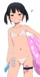 1girl bare_shoulders bikini black_hair brown_eyes bubukka clenched_teeth collarbone condom condom_in_clothes condom_packet_strip condom_wrapper dildo eighth_note female_focus flat_chest gluteal_fold grin holding innertube loli looking_at_viewer mole mole_under_mouth musical_note navel original see-through sex_toy short_hair side-tie_bikini_bottom simple_background smile solo standing swim_ring swimsuit teeth twintails vibrator vibrator_under_clothes white_background white_bikini rating:Explicit score:182 user:Domestic_Importer
