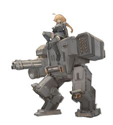  1girl absurdres ahoge belt bike_shorts blonde_hair blue_eyes boots braid breasts cannon commentary dress english_commentary full_body gatling_gun grey_dress helldivers_(series) highres indie_virtual_youtuber long_hair looking_at_viewer mecha medium_breasts minigun missile missile_pod open_mouth robot science_fiction simple_background sitting smile solo thigh_boots v very_long_hair walker_(robot) whiskey_project white_background xerbatt  rating:General score:8 user:danbooru