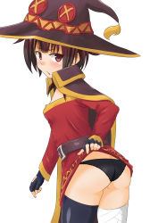 1girl absurdres ass asymmetrical_legwear bandaid bandaid_on_leg belt black_gloves black_panties blush breasts brown_hair butt_crack cape clothes_pull commentary_request dress dress_pull eyes_visible_through_hair fingerless_gloves gloves hat head_tilt highres kono_subarashii_sekai_ni_shukufuku_wo! lifting_own_clothes looking_at_viewer megumin panties red_dress red_eyes short_hair_with_long_locks sirokohi small_breasts solo thighhighs underwear uneven_legwear white_background wizard_hat rating:Questionable score:87 user:danbooru