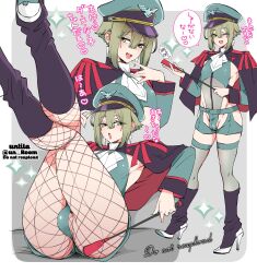  artist_name blue_socks blush border bulge cape cropped_torso crossed_legs detached_sleeves earrings elan_ceres eyelashes fishnet_pantyhose fishnets foot_out_of_frame full_body green_eyes green_leotard green_nails green_shorts green_sleeves green_thighhighs grey_background gundam gundam_suisei_no_majo hair_between_eyes hat high_heels highres holding jewelry legs legs_up leotard long_sleeves looking_at_viewer military_hat military_uniform nagano_rira neckerchief one_eye_closed open_mouth pantyhose purple_cape revealing_clothes see-through see-through_legwear shorts sideless_leotard socks speech_bubble standing stud_earrings thighhighs translation_request twitter_username uniform white_border white_footwear white_neckerchief  rating:Questionable score:68 user:danbooru