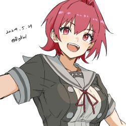  1girl absurdres bigkwl black_jacket breasts dated grey_sailor_collar hair_intakes highres jacket kantai_collection kinu_(kancolle) kinu_kai_ni_(kancolle) medium_breasts one-hour_drawing_challenge open_mouth red_eyes red_hair sailor_collar school_uniform serafuku short_hair short_sleeves simple_background smile solo teeth twitter_username upper_body upper_teeth_only white_background 