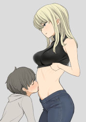 1boy 1girl age_difference blonde_hair blue_eyes blush breasts closed_eyes clothes_lift contrapposto cowboy_shot denim from_side grey_background hetero highres impossible_clothes impossible_shirt jeans licking licking_navel licking_stomach lifted_by_self medium_breasts medium_hair midriff nora_higuma onee-shota original pants parted_lips shirt shirt_lift shota sidelocks simple_background sleeveless sleeveless_shirt sweatdrop turtleneck rating:Questionable score:416 user:danbooru