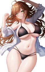  1girl absurdres bikini black_bikini breasts brown_hair chinese_commentary cleavage collared_shirt commentary_request cowboy_shot dress_shirt green_eyes highres huanyi_huanhuanzi large_breasts long_hair multi-strapped_bikini_bottom navel open_clothes open_shirt original shirt simple_background solo swimsuit thigh_gap white_background white_shirt 
