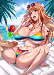 1girl 2boys bikini breasts censored chair cleavage curvy drink haikawa_hemlen head_out_of_frame hetero hip_focus huge_breasts legs long_hair multiple_boys nami_(one_piece) navel ocean one_piece open_mouth orange_hair outdoors penis sitting stomach sunglasses sunglasses_on_head swimsuit tattoo teeth thick_thighs thighs tongue wide_hips rating:Explicit score:70 user:jojosstand