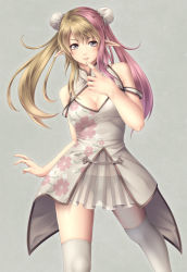  1girl bad_id bad_pixiv_id blonde_hair blush breasts center_opening cleavage double_bun elf finger_to_mouth grey_background grey_eyes hair_bun medium_breasts mochi.f multicolored_hair navel original panties pink_hair pointy_ears see-through smile solo thighhighs two-tone_hair underwear white_thighhighs  rating:Questionable score:28 user:danbooru