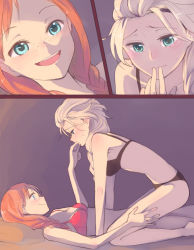 2girls anna_(frozen) aqua_eyes bad_id bad_pixiv_id black_bra black_panties blonde_hair blush bra braid breasts brown_hair elsa_(frozen) finger_in_another&#039;s_mouth freckles frozen_(disney) girl_on_top incest lingerie long_hair lying medium_breasts multiple_girls on_back open_mouth panties red_bra red_hair red_panties siblings single_braid sisters small_breasts smile sou_(tuhut) tears underwear underwear_only yuri rating:Questionable score:161 user:superdupermej