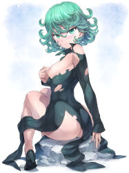  1girl absurdres areola_slip ass black_dress black_footwear blush breasts closed_mouth covering_nipples covering_privates curly_hair dress flipped_hair green_eyes green_hair hair_between_eyes high_heels highres long_sleeves looking_at_viewer mogudan one-punch_man pumps rock short_hair sitting sitting_on_rock small_breasts smile solo split_mouth tatsumaki torn_clothes torn_dress turning_head twisted_torso 