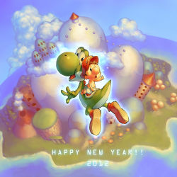  10s 1boy 2012 aged_down arm_up aura baby baby_mario bad_id bad_pixiv_id brown_hair building cloud creature diaper english_text flower happy_new_year hat island jumping looking_back looking_up male_focus mario mario_(series) mountain new_year nintendo ocean om_(carbohydratism) riding shoes super_mario_world_2:_yoshi&#039;s_island text_focus tower volcano yoshi  rating:Sensitive score:18 user:danbooru
