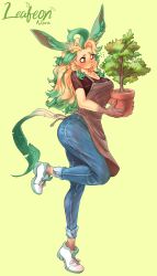  1girl absurdres ahoge apron blonde_hair blush boots creatures_(company) denim eevee_ears furry furry_female game_freak gen_4_pokemon gradient_hair green_hair highres jeans leaf leafeon long_hair multicolored_hair nintendo noru_(noruru3737) pants personification plant pokemon potted_plant short_sleeves solo standing standing_on_one_leg sweat tail yellow_background 