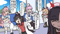  5girls :3 ahoge anger_vein angry animal_ear_hairband animal_ears black_choker black_hair black_shorts black_skirt black_thighhighs blonde_hair blue_archive blue_necktie blue_sailor_collar blue_sky blunt_bangs bow bowtie braid brown_hair buttons cat_ear_hairband cat_ears choker clenched_hands clenched_teeth closed_eyes closed_mouth cloud coat collared_shirt commentary_request crossed_arms day demon_horns double-breasted duwaa!_sen_nana-hyaku!!_(meme) facing_viewer fake_animal_ears fang floating_hair forced_smile game_no_card_otoshichatta_(meme) gloom_(expression) gloves green_eyes grimace hair_bow hair_intakes hairband halo hanako_(blue_archive) hand_up highres horns ichika_(blue_archive) jacket kasumi_(blue_archive) kaya_(blue_archive) kneehighs kneeling lab_coat long_hair long_sleeves looking_at_another looking_to_the_side meme momoi_(blue_archive) multiple_girls necktie on_floor open_clothes open_coat open_mouth pink_bow pink_bowtie pink_hair pleated_skirt red_shirt running sailor_collar school_uniform sei_no_yorokobi_oji-san_(meme) serafuku shirt short_hair short_hair_with_long_locks shorts shouting side_braid sidelocks sitting skirt sky sleeves_past_fingers sleeves_past_wrists small_sweatdrop socks sono_kokoro_waratteru_ne_(meme) speech_bubble tearing_up teeth thighhighs train_interior translation_request v-shaped_eyebrows washin white_bow white_coat white_gloves white_jacket white_serafuku white_skirt white_socks wide_oval_eyes 