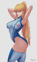  1girl adapted_costume armpits arms_up ass blonde_hair blue_eyes blue_leotard blue_thighhighs breasts covered_navel cowboy_shot curvy from_side high_ponytail highres large_breasts leotard metroid nintendo parted_lips samus_aran signature simple_background solo thighhighs thighs torygika twisted_torso white_background zero_suit 