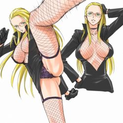1girl arm_up blonde_hair breasts cleavage female_focus fishnet_legwear fishnet_top fishnets glasses gloves green_eyes hand_on_own_hip kalifa_(one_piece) kicking leg_up long_hair mosha nipples one_piece panties simple_background solo underwear rating:Questionable score:136 user:Anonymous