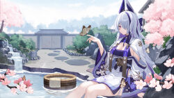  1girl architecture azur_lane blush breasts bug butterfly cherry_blossoms cleavage closed_mouth cloud cloudy_sky east_asian_architecture floral_print_kimono hair_over_one_eye hand_up highres insect japanese_clothes kimono long_hair looking_at_viewer multicolored_hair official_art outdoors purple_eyes purple_hair purple_kimono rock sakuramon sitting sky solo streaked_hair two-tone_kimono unzen_(azur_lane) water white_hair white_kimono 