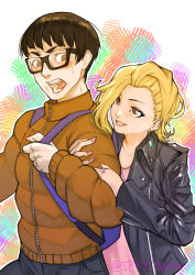  anjou_(yancha_gal) arm_grab backpack bag blonde_hair brown_eyes brown_hair commission commissioner_upload earrings glasses jacket jewelry leather leather_jacket open_mouth pink_shirt seto_(yancha_gal) shirt smile spicy_tsuna sweat yancha_gal_no_anjou-san  rating:General score:4 user:Lala4na