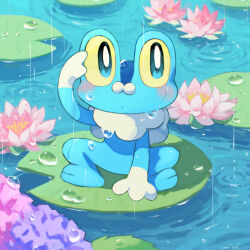  aiueo_(vhzr4444) arm_up blush bright_pupils closed_mouth colored_sclera commentary_request creatures_(company) flower froakie game_freak gen_6_pokemon highres lily_pad nintendo no_humans outdoors pink_flower pokemon pokemon_(creature) ripples sitting solo water water_drop white_pupils yellow_sclera 