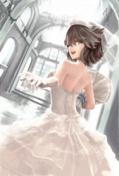  1girl backless_dress backless_outfit bare_shoulders bismarck_(warship_girls_r) blue_eyes bouquet bridal_gauntlets brown_hair church dress flower highres jewelry looking_back open_mouth rain_(icetuofei) ring smile solo tears teeth warship_girls_r wedding_band wedding_dress 