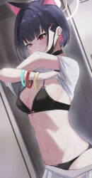  1girl absurdres animal_ear_fluff animal_ears black_bra black_choker black_hair black_panties blue_archive blush bow bow_bra bow_panties bra bracelet breasts cat_ears choker closed_mouth clothes_lift colored_inner_hair dressing earrings extra_ears hair_ornament halo highres jewelry kazusa_(band)_(blue_archive) kazusa_(blue_archive) lace lace-trimmed_bra lace_trim lifted_by_self multicolored_hair navel official_alternate_costume panties pineapple_(pine) pink_hair red_eyes shirt shirt_lift short_hair short_sleeves sideboob skirt solo stomach sweat underwear undressing white_shirt white_skirt 