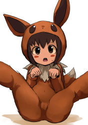  1girl absurdres anus black_hair blush_stickers cameltoe cleft_of_venus cosplay creatures_(company) eevee eevee_(cosplay) female_focus flat_chest game_freak gen_1_pokemon highres hood impossible_clothes kigurumi legs_up loli looking_at_viewer navel nintendo open_mouth paw_pose poke_kid_(pokemon) pokemon pokemon_swsh short_hair sitting skin_tight solo spread_legs tail tareme tenteco_(covamin)  rating:Explicit score:213 user:Dweenie