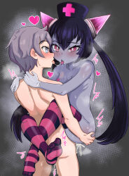  1boy 1girl ^^^ after_kiss ass_grab black_background black_hair blue_eyes blush breasts chrome_(mon-musu_quest!) colored_skin commentary commission completely_nude cum cum_in_pussy cutiemachina demon_girl english_commentary eye_contact feet french_kiss gloves grabbing_another&#039;s_ass groping hair_between_eyes hat heart hetero highres horns kiss leg_lock loli long_hair looking_at_another luka_(mon-musu_quest!) mon-musu_quest! nipples no_shoes nude nurse_cap open_mouth pink_eyes pink_horns pixiv_commission purple_hair purple_skin ribs ringed_eyes rubber_gloves saliva saliva_trail sex short_hair shota simple_background skindentation small_breasts soles steam suspended_congress sweat toes tongue tongue_out twintails vaginal variant_set 