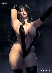  1girl arm_behind_head arm_up armpits artist_name artnip black_hair black_one-piece_swimsuit black_slingshot_swimsuit breasts chest_tattoo claws elbow_gloves fullmetal_alchemist gloves homunculus huge_breasts large_breasts long_hair lust_(fma) navel one-piece_swimsuit outstretched_arm red_eyes slingshot_swimsuit solo swimsuit tattoo thighhighs thighs very_long_hair wavy_hair  rating:Sensitive score:90 user:halkras12