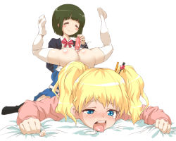  10s 2girls ahegao alice_cartelet anus arched_back ass bed bed_sheet black_hair blonde_hair blue_eyes blush blush_stickers bob_cut bottomless closed_eyes dildo feet female_ejaculation green_hair hair_ornament hakokan happy happy_sex kin-iro_mosaic legs_up loli multiple_girls no_panties object_insertion oomiya_shinobu open_mouth pussy pussy_juice saliva sex_toy sheet_grab short_hair simple_background smile spread_legs tears thighhighs thighs tongue tongue_out top-down_bottom-up twintails vaginal vaginal_object_insertion vibrator white_background white_legwear yuri 
