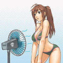 1girl arched_back bent_over bikini black_eyes blush breasts brown_hair cleavage clothes_writing electric_fan hand_fan female_focus large_breasts leaning_forward long_hair navel open_mouth original ponytail sidelocks solo sweat swimsuit wet yoshikawa_hazure rating:Sensitive score:34 user:BlueBaroness