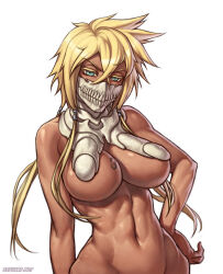  1girl abs arrancar bleach blonde_hair blue_eyes breast_tattoo breasts colored_eyelashes commentary crossed_bangs dark-skinned_female dark_skin english_commentary female_focus hand_on_own_hip large_breasts long_hair looking_at_viewer navel number_tattoo out-of-frame_censoring photoshop_(medium) revealing_clothes solo speh tattoo tier_harribel watermark web_address 