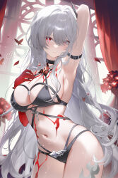  1girl acheron_(honkai:_star_rail) alternate_costume arm_belt arm_up armpits belt black_belt black_bra black_panties bra breasts cleavage closed_mouth colored_skin commentary_request cowboy_shot curtains eyes_visible_through_hair flower grey_hair highres honkai:_star_rail honkai_(series) indoors large_breasts leg_tattoo light_particles long_hair machi_(7769) navel official_alternate_color panties parted_lips presenting_armpit red_eyes red_flower red_skin signature skindentation solo stomach tattoo thighs underwear 