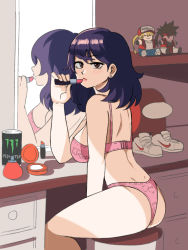 1girl among_us ass black_hair bra breasts can character_doll commentary cosmetics doll english_commentary fatal_fury feet_out_of_frame female_focus guilty_gear highres large_breasts lipstick_tube long_hair looking_at_viewer mirror monster_energy nike_(company) original panties pink_bra pink_panties red_(among_us) reflection shadow shelf shoes sitting sol_badguy solo terry_bogard the_king_of_fighters tina_fate underwear underwear_only white_footwear rating:Sensitive score:140 user:danbooru