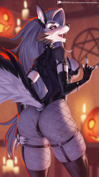  1girl alanscampos animal_ears ass ass_focus ass_grab breasts collar colored_sclera fingerless_gloves fishnets furry furry_female gloves grabbing_own_ass grey_eyes halloween helluva_boss highres jack-o&#039;-lantern leotard lingerie loona_(helluva_boss) medium_breasts \n/ panties pentagram red_sclera revealing_clothes slit_pupils snout spiked_collar spikes tail thighhighs thong_leotard underwear white_fur wolf_ears wolf_girl wolf_tail  rating:Sensitive score:86 user:GiovanniHunter