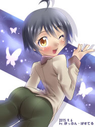 10s 1boy ahoge artist_request ass black_hair from_behind highres kobayashi_yoshio looking_at_viewer male_focus one_eye_closed pants ranpo_kitan school_uniform short_hair smile solo wink rating:Sensitive score:22 user:armorcrystal